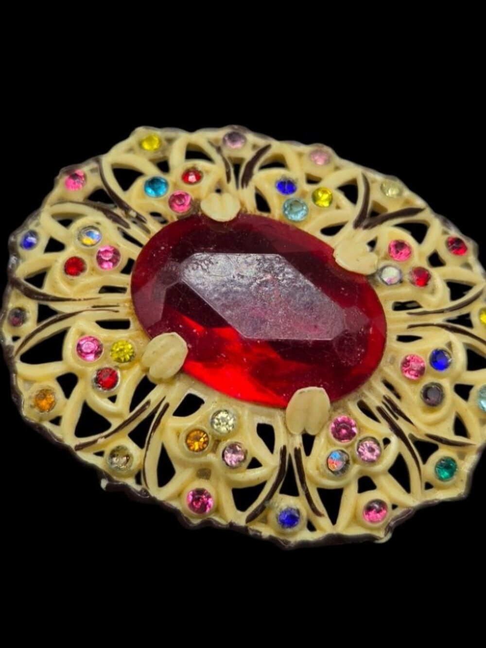 Vtg 1930s Art Deco Celluloid Filigree Brooch Central Red Stone Colorful Accents - Picture 3 of 9